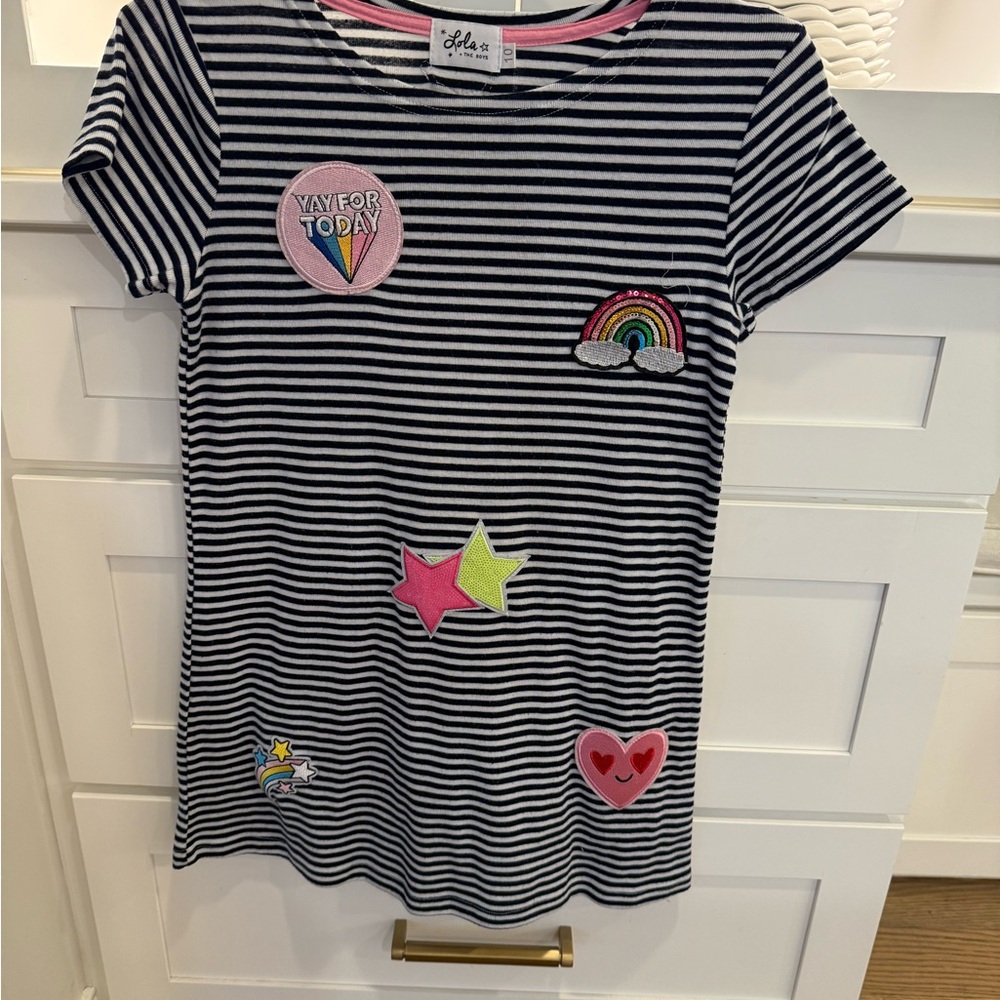 Lola Kids Navy Striped Dress with Colorful Patches